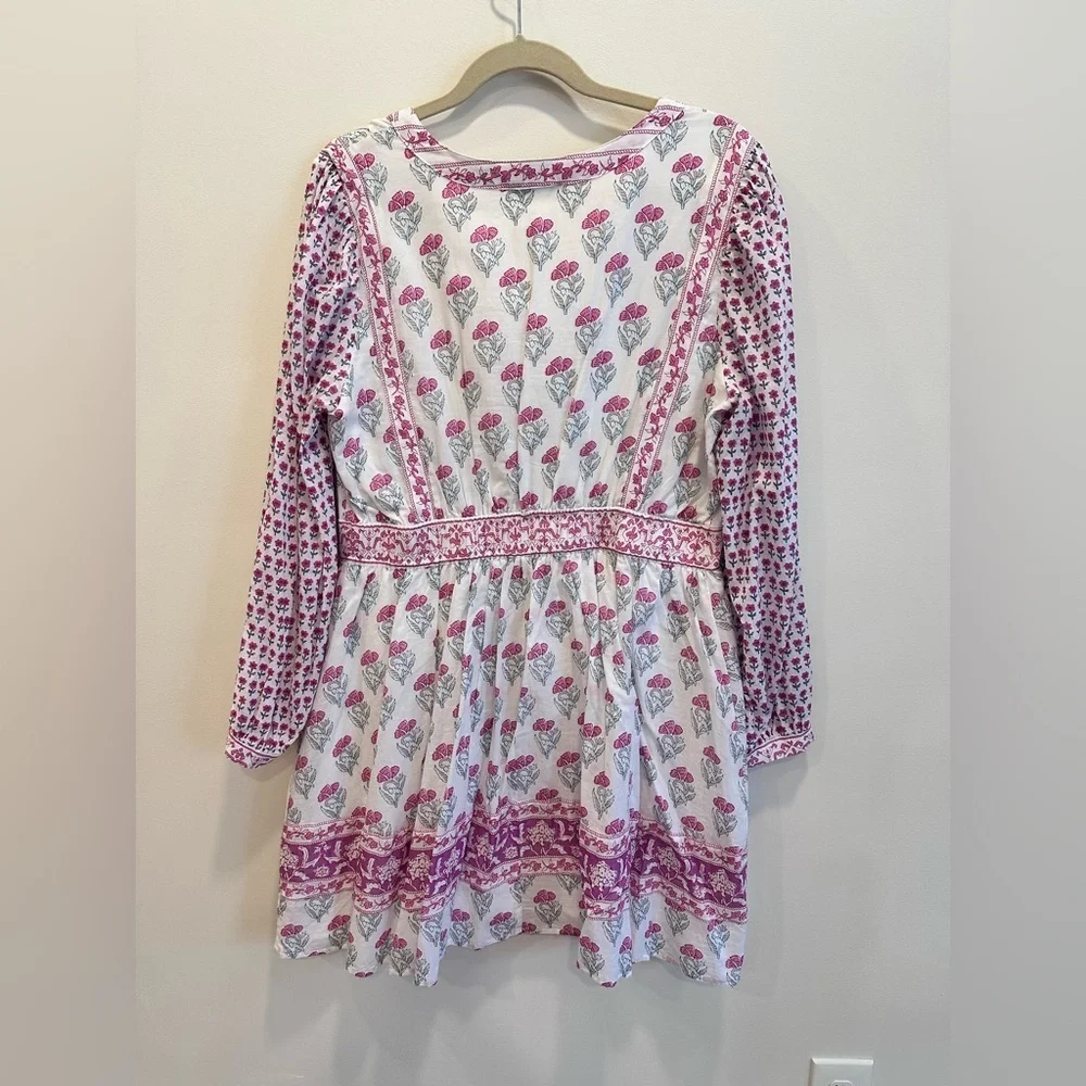 Haute Hippie Women's Large White Pink Boho Floral Long Sleeve Mini Dress NWOT - Picture 2 of 8